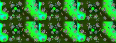 Yapraklı çiçekler ve yeşil, gri ve mavi renkte papatya çiçekleri. Eskiz arkaplan modeli. Raster - stok.