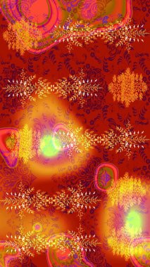 Raster illüstrasyonu. Şirin çiçekli eskiz deseni ve kırmızı, turuncu ve sarı renkli yapraklar, suluboya çiçek deseni, duvar kağıdı, kart veya kumaş için fayanslı.