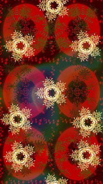 Renkli arka planda izole tatlı kar taneleri. Kahverengi, kırmızı ve yeşil renkli kar taneleri. Raster illüstrasyonu.