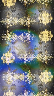 Kar tanelerinin soyut arkaplanlı Noel şablonu. Noel ve yeni yıl moda baskıları için tatil tasarımı. Gri, mavi ve nötr renkler. Raster illüstrasyonu.