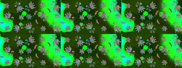 Yapraklı çiçekler ve yeşil, gri ve mavi renkte papatya çiçekleri. Eskiz arkaplan modeli. Raster - stok.