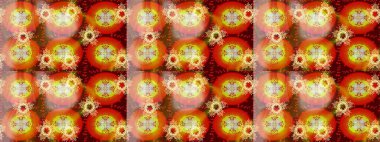 Kahverengi, turuncu ve kırmızı renkte güzel çiçekleri olan kusursuz desenli suluboya desenli, duvar kağıdı, kart veya kumaş için fayanslı. Raster..