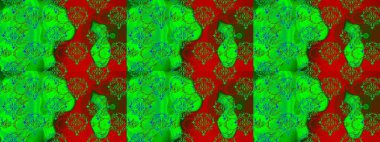 Raster illüstrasyonunda kusursuz çiçek deseni. Yeşil, kırmızı ve kahverengi renkte çiçekler. Renkli Bahar Temalı Kusursuz Arkaplan. Düz Çiçek Elementleri Tasarımı.