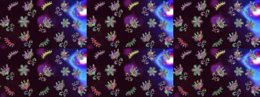 Soyut çiçek çizim kalıbı arka planı. Raster deseni. Raster illüstrasyonu. Kahverengi, siyah ve mavi renklerde. Küçük çiçekte sevimli çiçek deseni var..