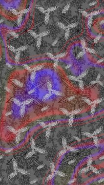 Raster Floral Illustration, Asyalı tekstil. Gri renkli etnik çiçeklerle zarif eskiz deseni.