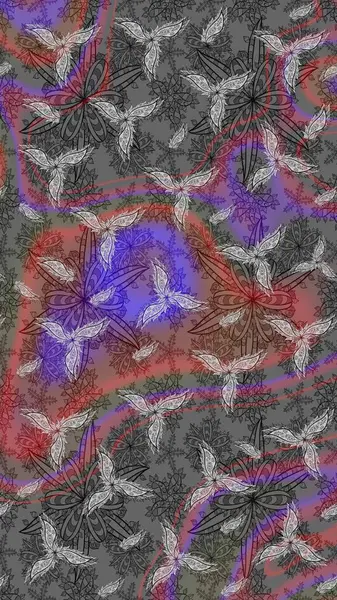 Raster Floral Illustration, Asyalı tekstil. Gri renkli etnik çiçeklerle zarif eskiz deseni.