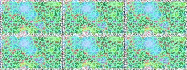 Kumaş, tekstil, baskı ve davetiye. Raster illüstrasyonu. Kusursuz. Mavi ve yeşil soyut arka planda gece kelebekleri.