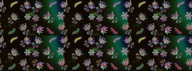 Siyah, gri ve yeşil üzerine siyah, gri ve yeşil. Çiçekli ipek eşarp. 1950-1960 motifleri. El çizimi çiçek unsurları olan soyut çizim raster deseni. Retro tekstil tasarım koleksiyonu.