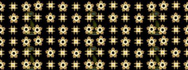 Renkler. Kar tanelerinin soyut arkaplanı olan şirin bir Noel arkaplanı. Noel ve yeni yıl moda baskıları için tatil tasarımı. Siyah, sarı ve kahverengi kar taneleri. Raster illüstrasyonu.