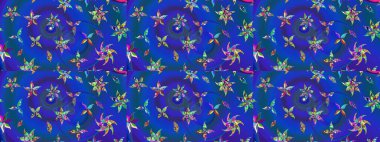 Yumuşak, bahar çiçekleri mavi, mor ve yeşil renklerde. Patlayan çiçekler soyut olarak yerleştirilmiş. Raster deseni. Raster illüstrasyonu.