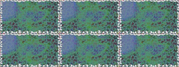 Egzotik Kelebeklerle tropik ve pürüzsüz bir düzen. Raster. Yeşil ve mavi renkli bir resim. Moda Kumaşı Tasarımı.