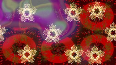 Noel ve yeni yıl moda baskıları için tatil tasarımı. Kırmızı, kahverengi ve mor renkler. Raster illüstrasyonu. Kar tanelerinin soyut arkaplanlı Noel deseni.