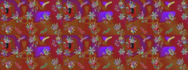 Şablon, pürüzsüz, çiçekli kenar. Çiçek çelengi. Güzel, parlak, pürüzsüz kumaş, tuval. Kıvırcık, parlak örgü. Eski moda arka plan. Raster illüstrasyonu.