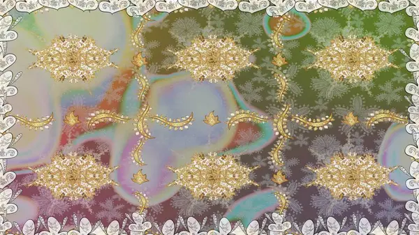 Raster klasik barok çiçeksiz altın desenli. Lüks, kraliyet ve Viktorya dönemi konsepti. Süslü dekorasyon. Gri renklerdeki altın desenli altın elementler.