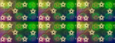 Noel stili. Yeşil, mavi ve kahverengi renkli kar taneleri. Raster illüstrasyonu.