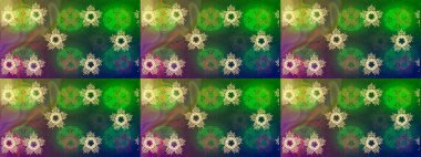 Noel stili. Yeşil, mavi ve kahverengi renkli kar taneleri. Raster illüstrasyonu.