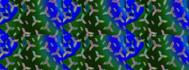 Renkler. Kar tanelerinin soyut arkaplanlı Noel şablonu. Noel ve yeni yıl moda baskıları için tatil tasarımı. Mavi, yeşil ve gri kar taneleri. Raster illüstrasyonu.