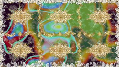 El yapımı dekoratif çerçeve, albüm kapağı, tebrik kartı, klasik Art deco tarzı. Raster soyut çiçek çelengi altın karalama fantezi yaprakları ve yeşil renkli çiçek.