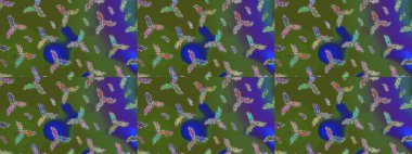 Raster illüstrasyonu. Yeşil, mavi ve mor renkli kristal kar taneleri.