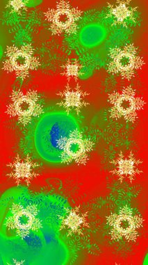 Kar taneleri radyal yeşil, kahverengi ve turuncu renklerde. Renkli arka planda güzel kar taneleri. Raster illüstrasyonu..