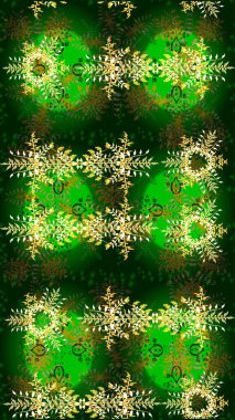 Yeşil, mavi ve sarı kar taneleri. Raster illüstrasyonu. Kar tanelerinin soyut arkaplanlı Noel arkaplanı. Noel için tatil tasarımı, yeni yıl moda baskıları. Güzel tasarım..