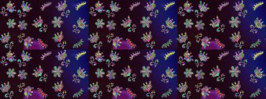 Dallı bahar çiçekleriyle desen, kahverengi, mavi ve siyah renkler ve çiçek silueti. Raster deseni.