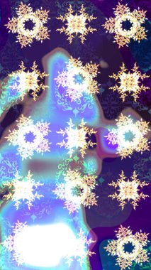 Raster illüstrasyonu. Mavi, mor ve beyaz renklerde kristal kar taneleri.