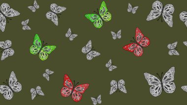 Yeşil renkli illüstrasyon. Raster çiçek desenli kelebek deseni. Kağıt, kumaş ve ambalaj için uygun.
