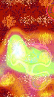 Kar tanelerinin soyut arkaplanlı Noel şablonu. Kırmızı, turuncu ve sarı kar taneleri. Raster illüstrasyonu. Noel ve Yeni Yıl moda baskıları için tatil tasarımı.