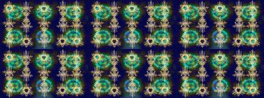 Raster illüstrasyonu. Noel ve yeni yıl moda baskıları için tatil tasarımı. Kar tanelerinin soyut arkaplanlı Noel şablonu. Mavi, yeşil ve gri kar taneleri.