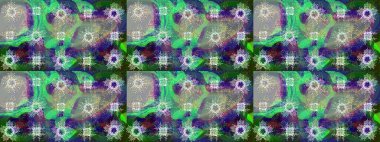 Süslü raster dekorasyonu. Barok tarzında duvar kâğıdı tasarımı için eskiz şablonu arka planı. Tarafsız, gri ve yeşil renklerde altın desenli altın elementler.