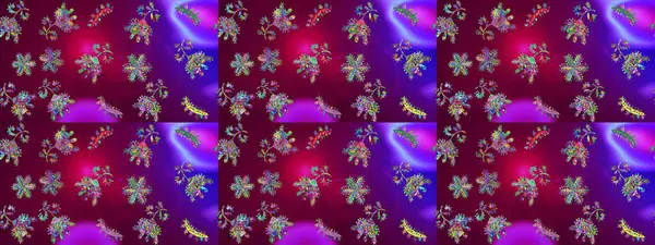 Kar tanelerinin soyut arkaplanlı Noel arkaplanı. Mor, mor ve kırmızı kar taneleri. Noel için tatil tasarımı, yeni yıl moda baskıları. Güzel tasarım. Raster illüstrasyonu.