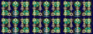 Raster illüstrasyonu. Noel ve yeni yıl moda baskıları için tatil tasarımı. Kar tanelerinin soyut arkaplanlı Noel şablonu. Mavi, yeşil ve gri kar taneleri.