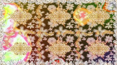 Çiçek kiremitleri. Altın elementlerle bej renklerde altın desen. Kusursuz desenli oryantal süs. İslam tasarımı. Raster altın tekstil baskısı.