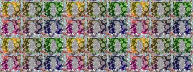 Çiçeksiz desenli, suluboya elle çizilmiş elementler. Parlak renkli fantezi çiçekleri, yapraklar, tarafsız renklerde tomurcuklar.