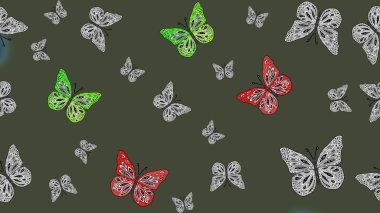 Güzel bir kumaş tasarımı. Raster Kelebekleri deseni. Yeşil renklerin çizimi. Soyut arkaplan.