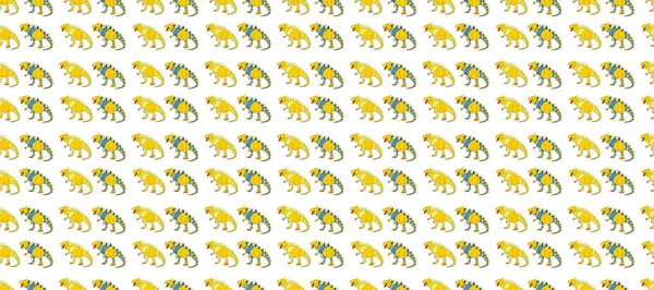 Saurischian dinozorları. Dinozorlarla birlikte geometrik kusursuz desen. Ambalaj veya giysi için renkli kertenkele benzeri dinozorlar.