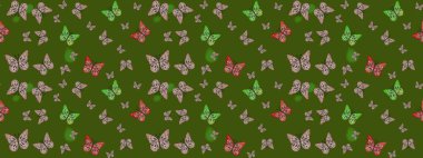 Çocuk kelebek çizim kalıbı. Çocuk için Raster Moda Kelebekleri duvar kağıdı. Yeşil arka planda güzel renkli kelebekler..