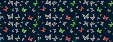 Moda Kumaşı Tasarımı. Şirin kelebeklerin güzel çizim şekli. Raster. Elle çizilmiş illüstrasyon. Mavi renkli resimler.