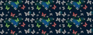 Web sayfası geçmişleri, duvar kağıtları, tekstil ve yüzey dokuları için mükemmel. Kelebekler çizim kalıplarını mavi renklerle çizerler. Şirin Raster illüstrasyonu.