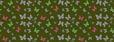 Yazdırmayı tekrarla. Yeşil, soyut suluboya kelebeklerle bezenmiş yumuşak bir deniz mavisi deseni. Sonsuz. Raster illüstrasyonu.