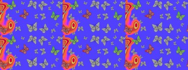 Egzotik hayvanlar. Kumaş, kağıt, ambalaj kâğıdı ve duvar kağıdı tasarımı için harika bir arka plan. Robot resim. Raster illüstrasyonu. Violet kelebekleri.