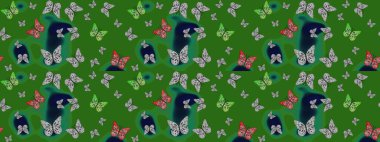 Paketleme, kağıt ve kumaş için uygun. Kelebekli renkli folklor deseni. Yeşil arka planda renkli kelebekler.