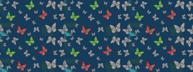 Kumaş, kağıt ve ambalaj için uygun. Raster. Güzel renkli kelebekler mavi renklerde kaotik bir şekilde uçarlar. Parlak kelebeğin eskiz geçmişi. Uçan güvelerle çok renkli arkaplan çiz