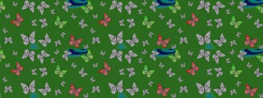 Yeşil kelebek çizimi. Fantezi sevimli illüstrasyon. Kıyafetler, erkekler, kızlar ve duvar kağıtları için soyut çizim kalıbı. Güzel suluboya kelebekler. Raster illüstrasyonu.