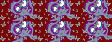 Raster çiçek desenli kelebek deseni. Kırmızı renkli illüstrasyon. Kağıt, kumaş ve ambalaj için uygun.