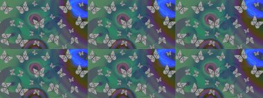 Raster illüstrasyonu. Kumaş, kağıt, ambalaj kâğıdı ve duvar kağıdı tasarımı için güzel bir arka plan. Renkli kelebeklerin eskiz arka planı.