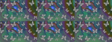 Karala, karala, karala. Çizim kalıbı. Tekstil baskısı için ekose kelebek. Raster illüstrasyonu. Yeşil renkler üzerine resim.