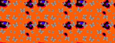 Kelebekli çizim şekli. Kumaş, kağıt, ambalaj kâğıdı ve duvar kağıdı tasarımı için hoş bir arka plan. Turuncu.
