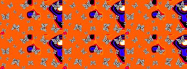 Raster. Çocuk kelebek çizim kalıbı. Kağıt, kumaş, ambalaj kağıdı ve duvar kâğıdı tasarımı için hoş bir arkaplan. Turuncu renkte sanat kelebekleri.